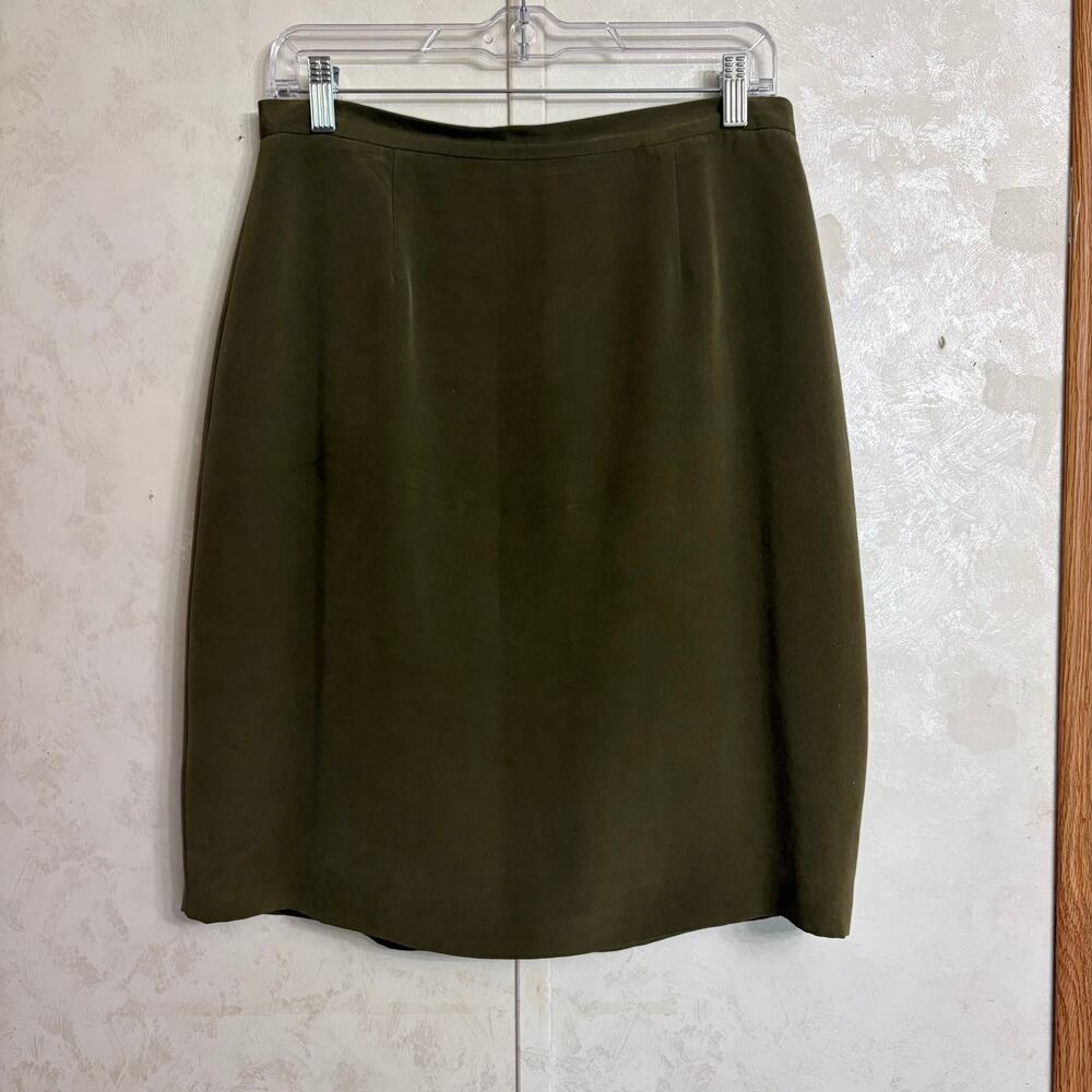 Chaus Olive Green 100% Silk Pencil Skirt Office Career Old Money Quiet Luxury 12